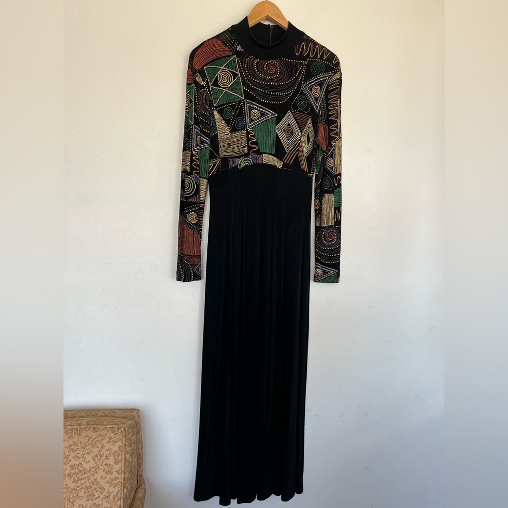 Vintage long sleeve maxi dress black with abstract print